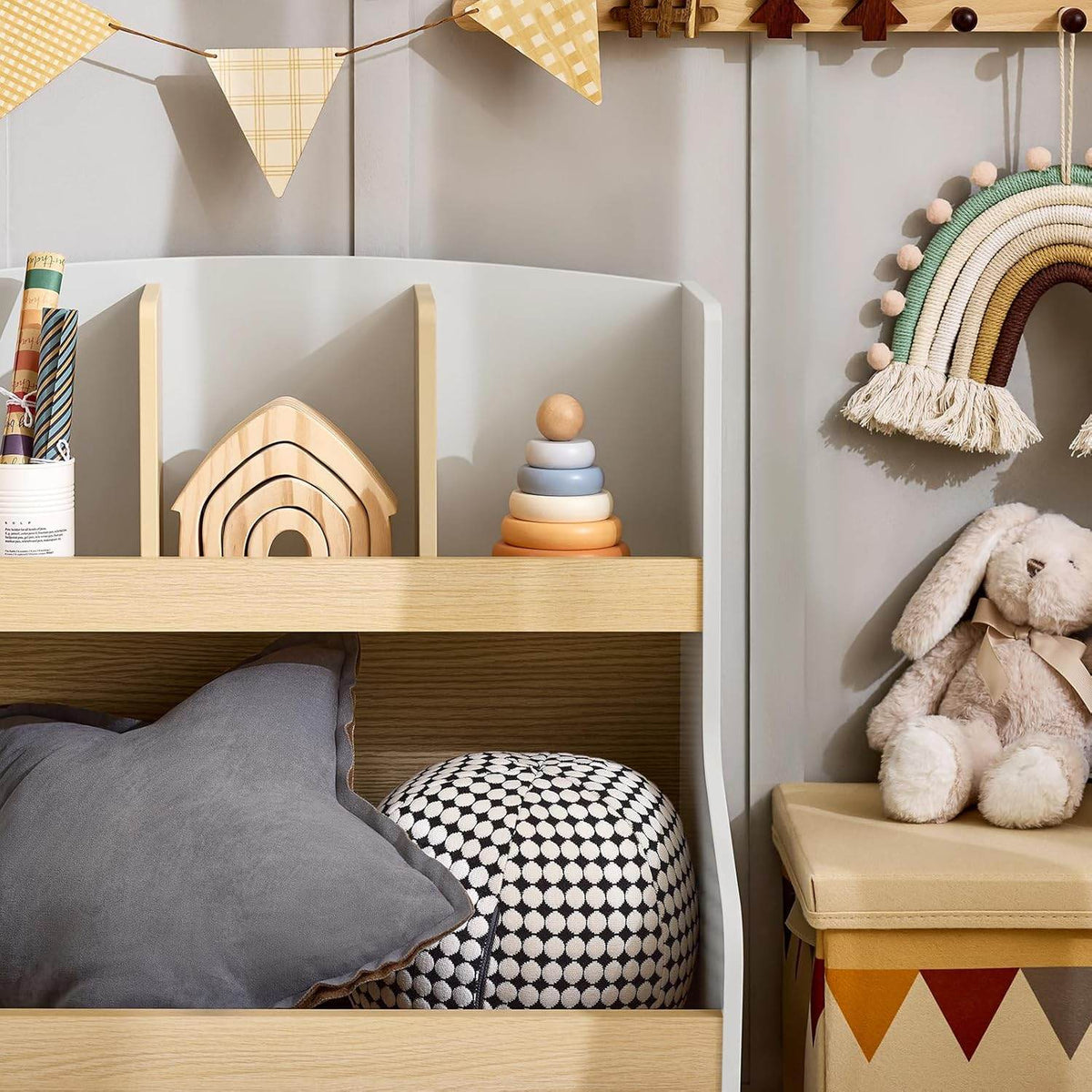 Kinderbücherregal | Spielzeugtruhe | Aufbewahrungsregal Kinderzimmer | Grau/Natur - Palo24