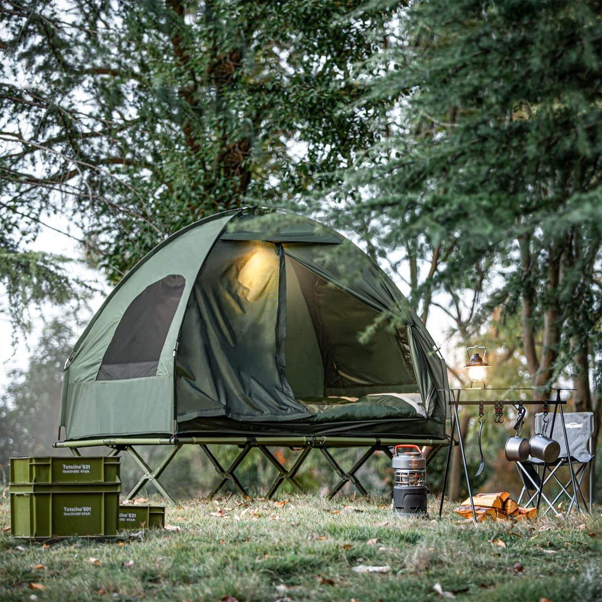 4in1-Zelt Für 2 Personen Wurfzelt Feldbett Mit Campingliege Grün - Palo24