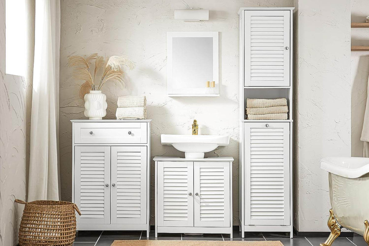 Hochschrank mit ausklappbarem Wäschesack | schmal Wäscheschrank | Badregal | Weiss BZR124-W - Palo24