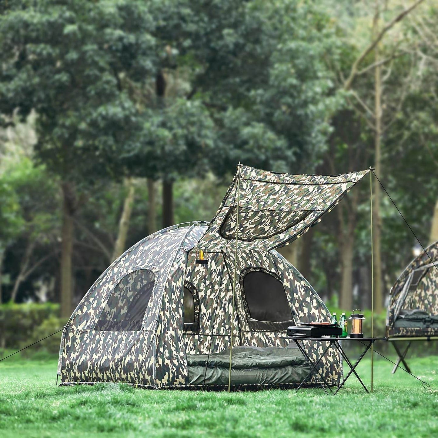 4in1-Zelt Mit Vorzelt Für 2 Personen Wurfzelt Feldbett Mit Campingliege Tarnfarbe - Palo24