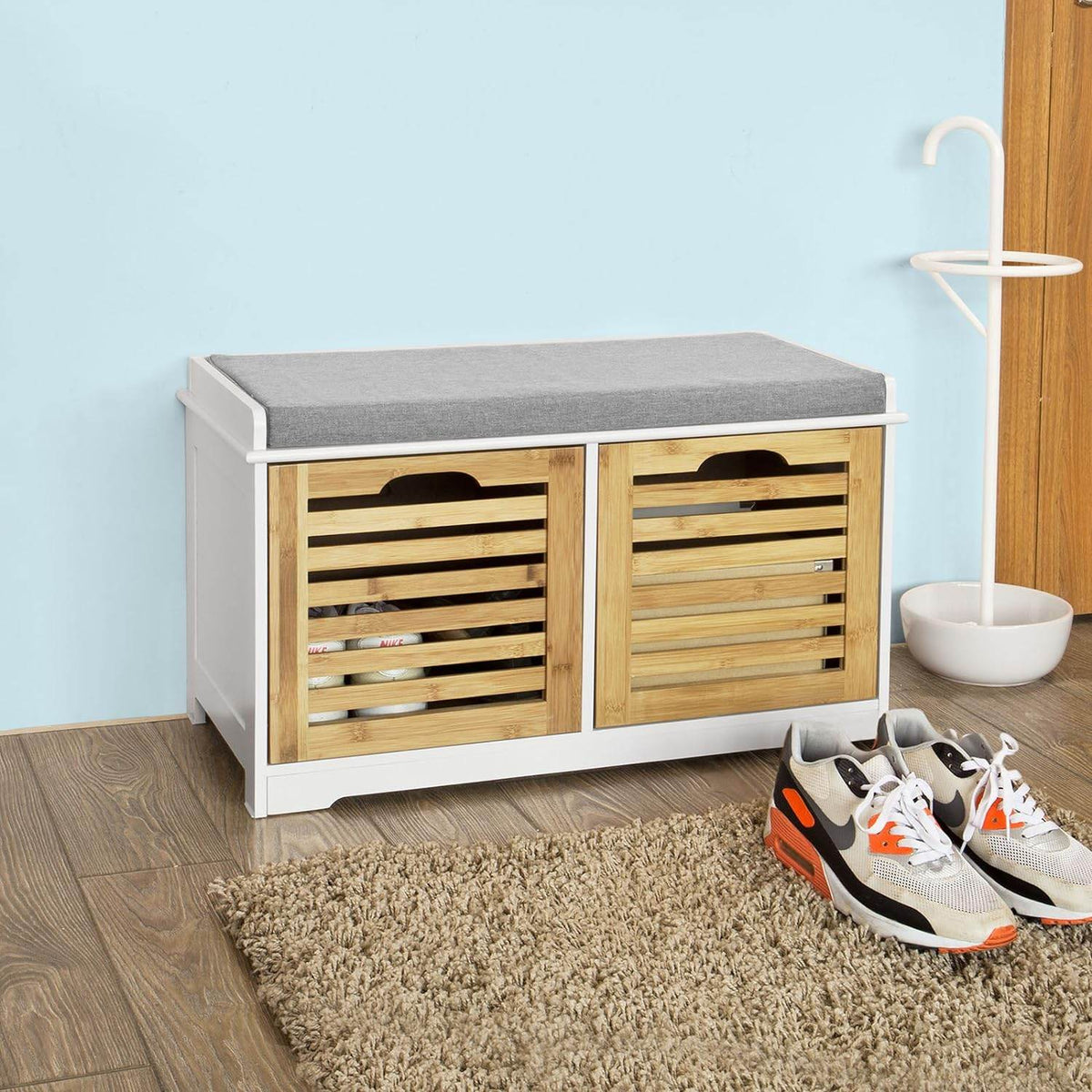 Sitzbank mit Sitzkissen | Schuhtruhe Bambus | Sitzkommode Weiss FSR23-K-WN - Palo24