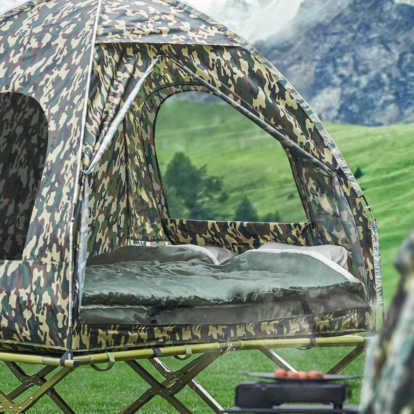 4in1-Zelt Für 2 Personen Wurfzelt Feldbett Mit Campingliege Tarnfarbe - Palo24