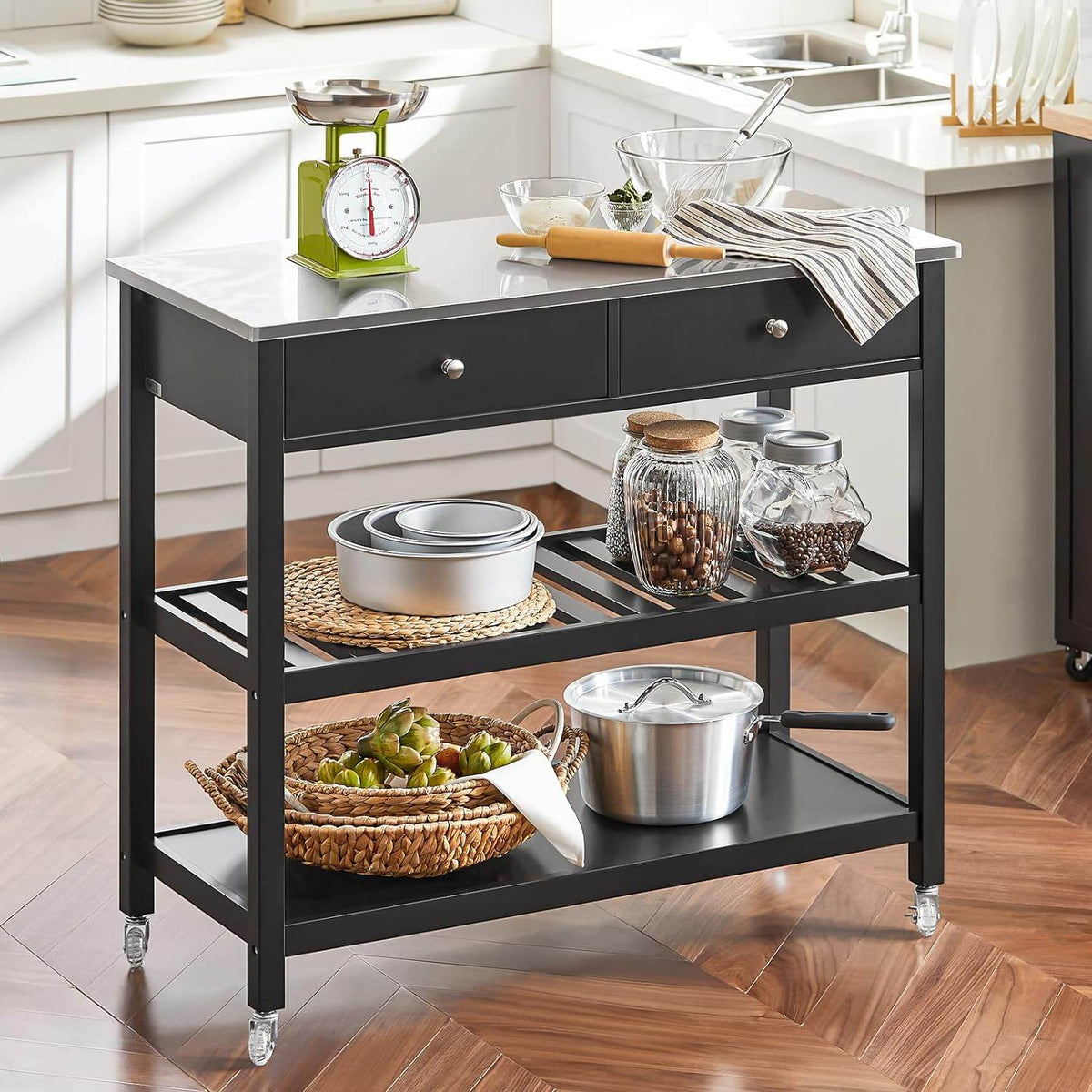 Küchenwagen mit Edelstahlplatte | Sideboard | Servierwagen Schwarz | FKW47-SCH - Palo24