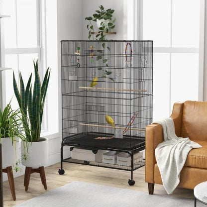Vogelkäfig inklusive Sitzstangen, Vogelspielzeug, herausnehmbare Bodenwanne, Schwarz - Palo24
