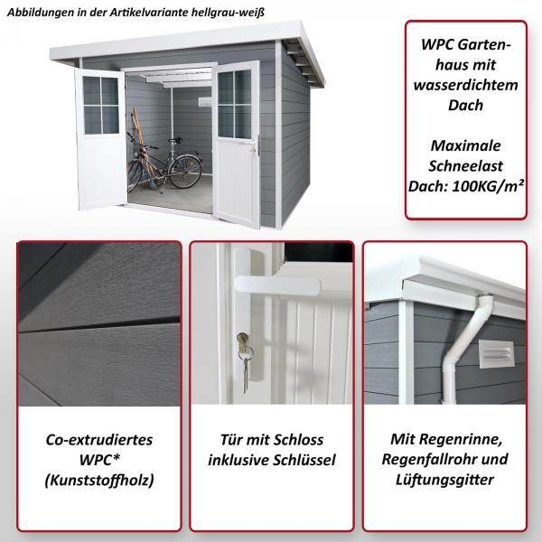 WPC Gartenhaus mit Pultdach HWC-J94, Gerätehaus Geräteschuppen, 245x366x354cm ~ graphit-weiss - Palo24