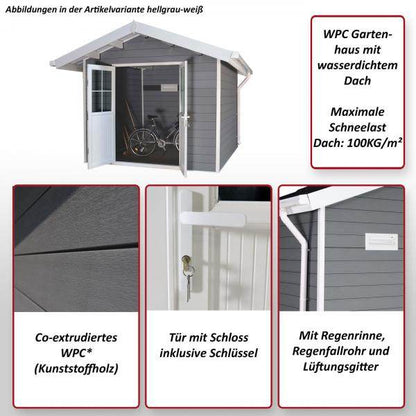 WPC Gartenhaus mit Satteldach HWC-J94, Gerätehaus Geräteschuppen, 253x360x366cm ~ hellgrau-weiss - Palo24