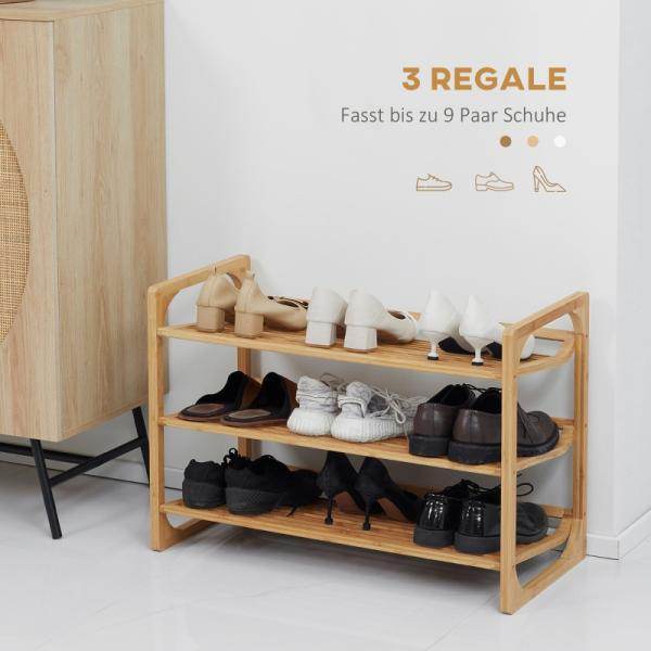 Schuhregal für 9 Schuhpaare, 3 Etagen, erhöhte Kanten, Bambusholz, 76 x 33 x 51 cm - Palo24