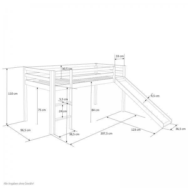 Hochbett Spielbett Kinderbett Leiter Rutsche Kiefer 90x200 massiv - Palo24