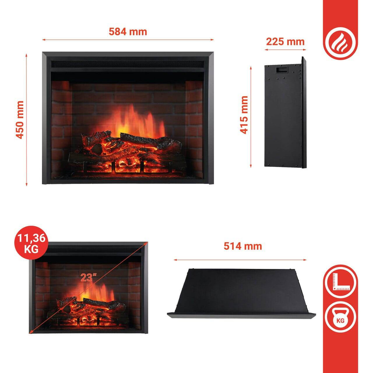 Kamineinsatz/Einbaukamin Luca 23 Zoll 900/1800 Watt Schwarz - Palo24