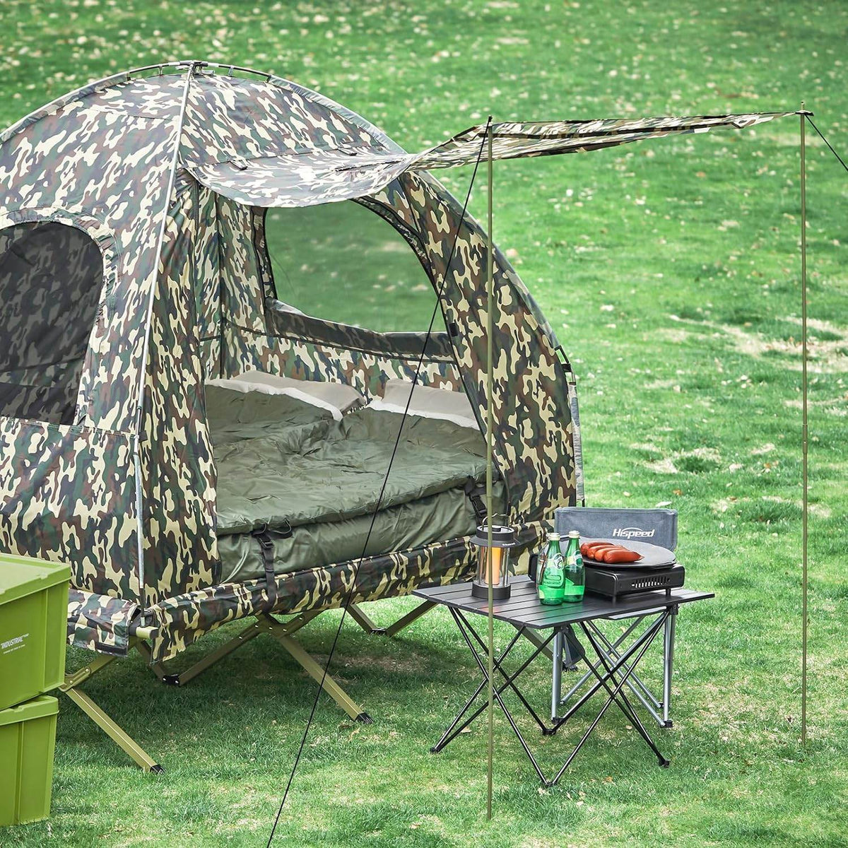 4in1-Zelt Mit Vorzelt Für 2 Personen Wurfzelt Feldbett Mit Campingliege Tarnfarbe - Palo24