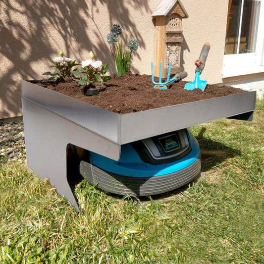 Mähroboter-Garage mit Pflanzkasten Dach Unterstand für Rasenmäher, Metall 37x60x70cm ~ Edelstahl - Palo24