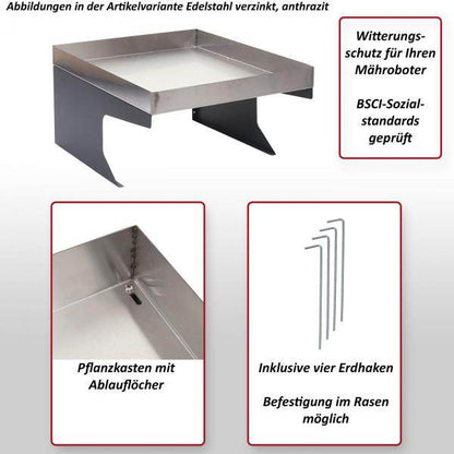 Mähroboter-Garage mit Pflanzkasten Dach Unterstand für Rasenmäher, Metall 37x60x70cm ~ Edelstahl, anthrazit - Palo24