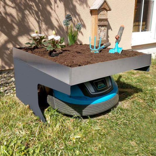 Mähroboter-Garage mit Pflanzkasten Dach Unterstand für Rasenmäher, Metall 37x60x70cm ~ Edelstahl, anthrazit - Palo24