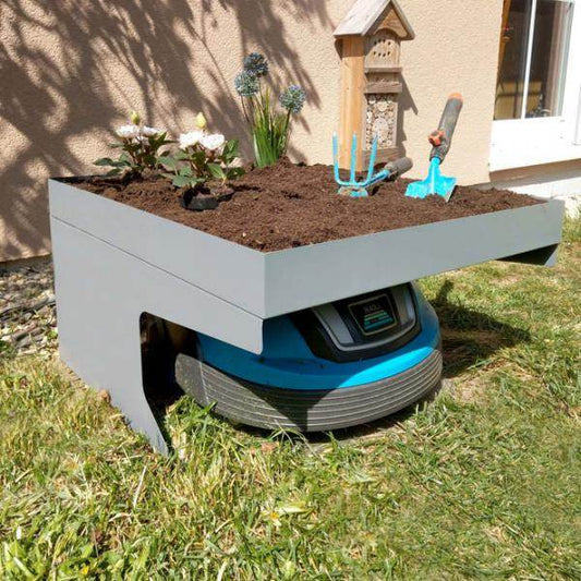Mähroboter-Garage mit Pflanzkasten HWC-G60, Dach Unterstand für Rasenmäher, Metall 37x60x70cm ~ grau - Palo24
