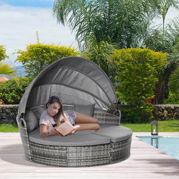 5-tlg. Rattan Sonneninsel Loungegruppe mit Sonnendach grau - Palo24