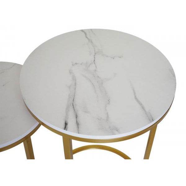 2er-Set Beistelltisch Kaffeetisch Nachttisch Loungetisch, Marmor-Optik FSC-zertifiziert MDF ~ weiss-gold - Palo24