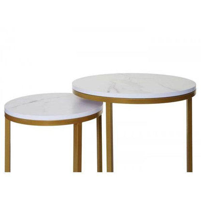 2er-Set Beistelltisch Kaffeetisch Nachttisch Loungetisch, Marmor-Optik FSC-zertifiziert MDF ~ weiss-gold - Palo24