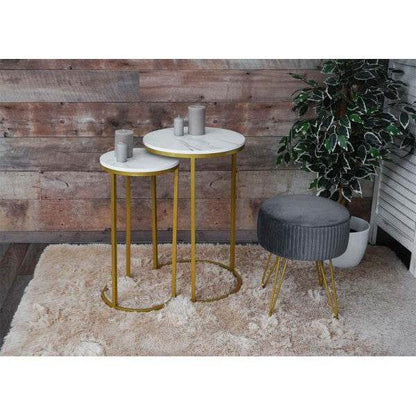 2er-Set Beistelltisch Kaffeetisch Nachttisch Loungetisch, Marmor-Optik FSC-zertifiziert MDF ~ weiss-gold - Palo24