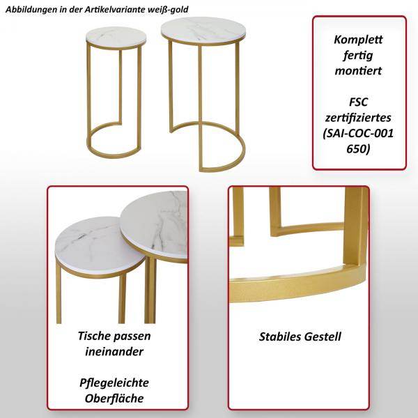 2er-Set Beistelltisch Kaffeetisch Nachttisch Loungetisch, Marmor-Optik FSC-zertifiziert MDF ~ schwarz-gold - Palo24