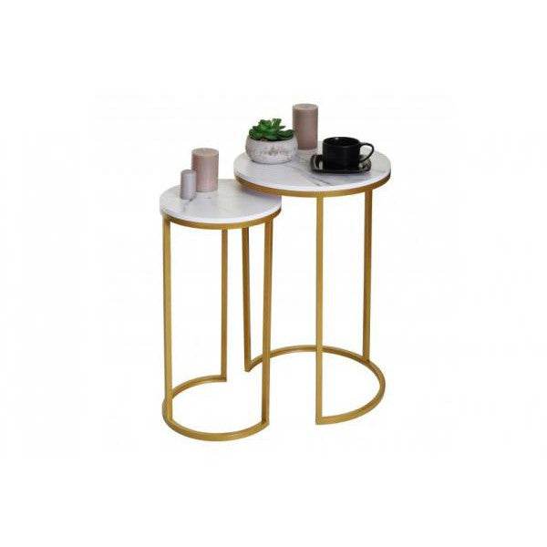 2er-Set Beistelltisch Kaffeetisch Nachttisch Loungetisch, Marmor-Optik FSC-zertifiziert MDF ~ weiss-gold - Palo24