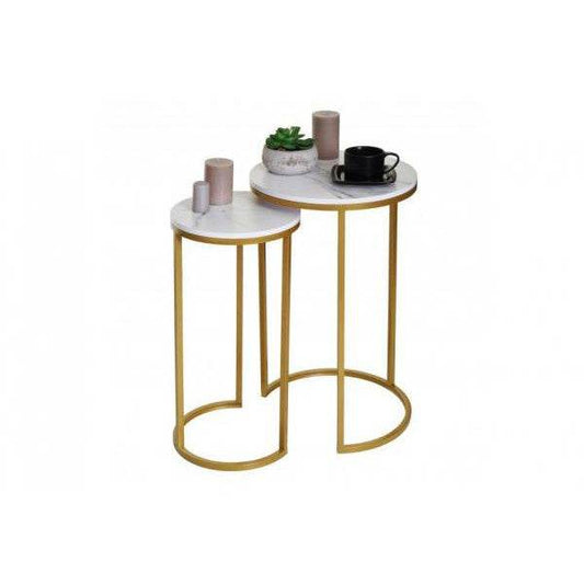 2er-Set Beistelltisch Kaffeetisch Nachttisch Loungetisch, Marmor-Optik FSC-zertifiziert MDF ~ weiss-gold - Palo24