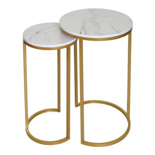 2er-Set Beistelltisch Kaffeetisch Nachttisch Loungetisch, Marmor-Optik FSC-zertifiziert MDF ~ weiss-gold - Palo24