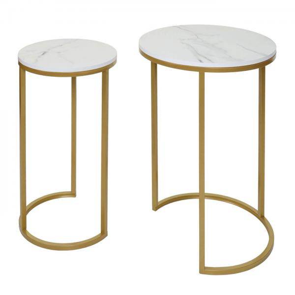2er-Set Beistelltisch Kaffeetisch Nachttisch Loungetisch, Marmor-Optik FSC-zertifiziert MDF ~ weiss-gold - Palo24