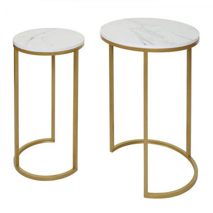 2er-Set Beistelltisch Kaffeetisch Nachttisch Loungetisch, Marmor-Optik FSC-zertifiziert MDF ~ weiss-gold - Palo24