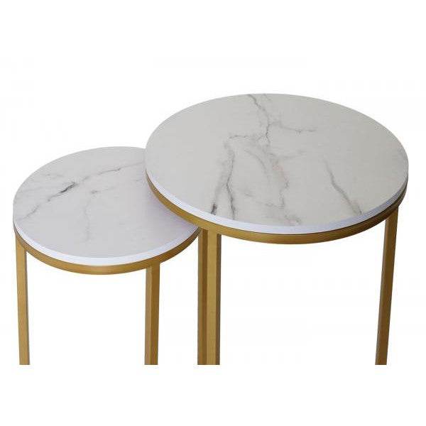2er-Set Beistelltisch Kaffeetisch Nachttisch Loungetisch, Marmor-Optik FSC-zertifiziert MDF ~ weiss-gold - Palo24