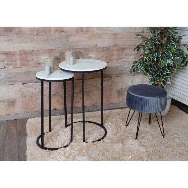 2er-Set Beistelltisch Kaffeetisch Loungetisch, Marmor-Optik FSC-zertifiziert MDF ~ weiss-schwarz - Palo24