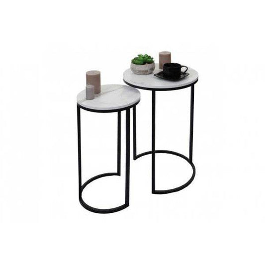 2er-Set Beistelltisch Kaffeetisch Loungetisch, Marmor-Optik FSC-zertifiziert MDF ~ weiss-schwarz - Palo24