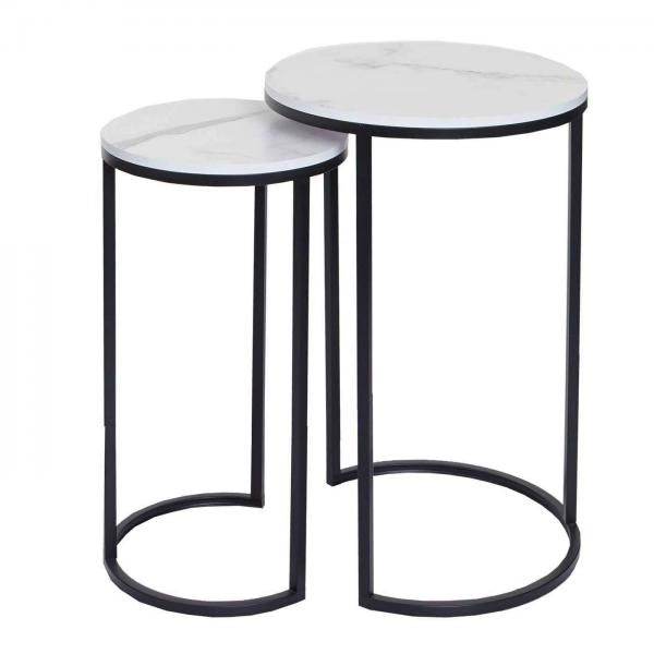 2er-Set Beistelltisch Kaffeetisch Loungetisch, Marmor-Optik FSC-zertifiziert MDF ~ weiss-schwarz - Palo24