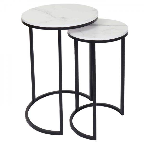 2er-Set Beistelltisch Kaffeetisch Loungetisch, Marmor-Optik FSC-zertifiziert MDF ~ weiss-schwarz - Palo24