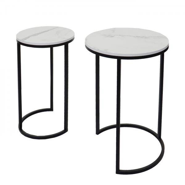 2er-Set Beistelltisch Kaffeetisch Loungetisch, Marmor-Optik FSC-zertifiziert MDF ~ weiss-schwarz - Palo24