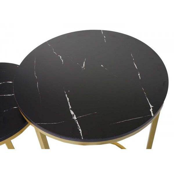 2er-Set Beistelltisch Kaffeetisch Nachttisch Loungetisch, Marmor-Optik FSC-zertifiziert MDF ~ schwarz-gold - Palo24