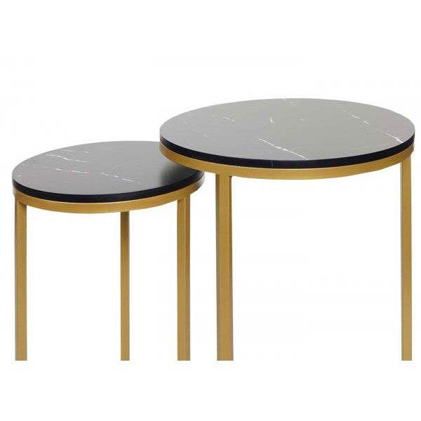 2er-Set Beistelltisch Kaffeetisch Nachttisch Loungetisch, Marmor-Optik FSC-zertifiziert MDF ~ schwarz-gold - Palo24