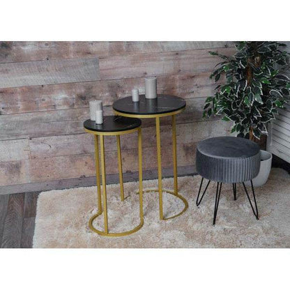 2er-Set Beistelltisch Kaffeetisch Nachttisch Loungetisch, Marmor-Optik FSC-zertifiziert MDF ~ schwarz-gold - Palo24
