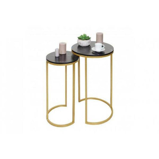 2er-Set Beistelltisch Kaffeetisch Nachttisch Loungetisch, Marmor-Optik FSC-zertifiziert MDF ~ schwarz-gold - Palo24