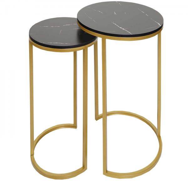 2er-Set Beistelltisch Kaffeetisch Nachttisch Loungetisch, Marmor-Optik FSC-zertifiziert MDF ~ schwarz-gold - Palo24