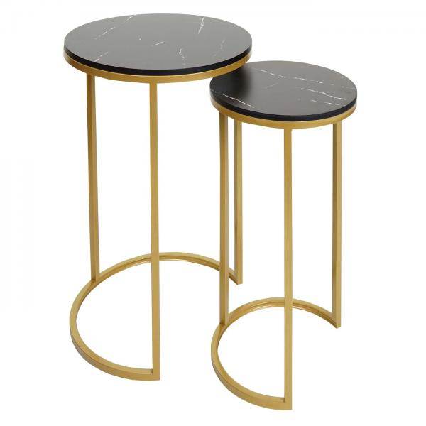 2er-Set Beistelltisch Kaffeetisch Nachttisch Loungetisch, Marmor-Optik FSC-zertifiziert MDF ~ schwarz-gold - Palo24