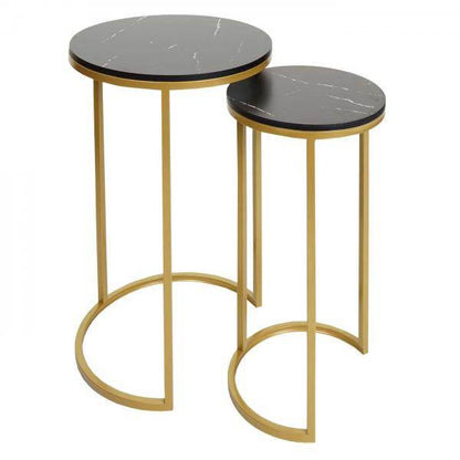 2er-Set Beistelltisch Kaffeetisch Nachttisch Loungetisch, Marmor-Optik FSC-zertifiziert MDF ~ schwarz-gold - Palo24