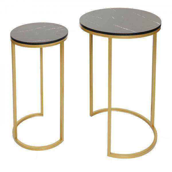 2er-Set Beistelltisch Kaffeetisch Nachttisch Loungetisch, Marmor-Optik FSC-zertifiziert MDF ~ schwarz-gold - Palo24