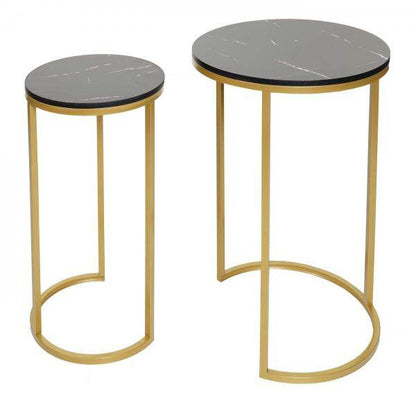 2er-Set Beistelltisch Kaffeetisch Nachttisch Loungetisch, Marmor-Optik FSC-zertifiziert MDF ~ schwarz-gold - Palo24