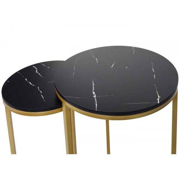 2er-Set Beistelltisch Kaffeetisch Nachttisch Loungetisch, Marmor-Optik FSC-zertifiziert MDF ~ schwarz-gold - Palo24