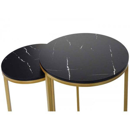 2er-Set Beistelltisch Kaffeetisch Nachttisch Loungetisch, Marmor-Optik FSC-zertifiziert MDF ~ schwarz-gold - Palo24