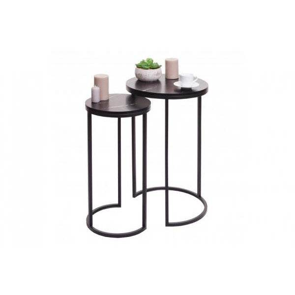 2er-Set Beistelltisch Kaffeetisch Loungetisch, Marmor-Optik FSC-zertifiziert MDF schwarz schwarz - Palo24
