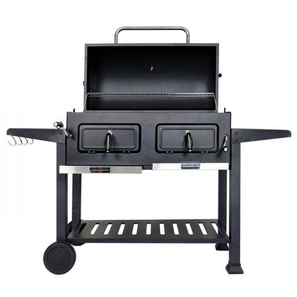 Holzkohlegrill HWC-K94, Grillwagen Standgrill BBQ Gartengrill mit Deckel Ablage, Stahl Emaille 110x153x60cm schwarz - Palo24