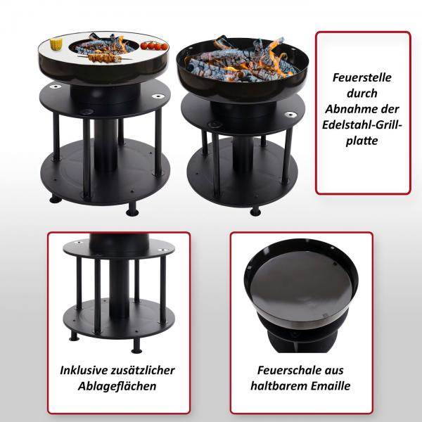 Feuerschale mit Grill HWC-K95, Feuerstelle Grill BBQ, Grillplatte Ablagefläche, Stahl Edelstahl Emaille Ø 56cm schwarz - Palo24