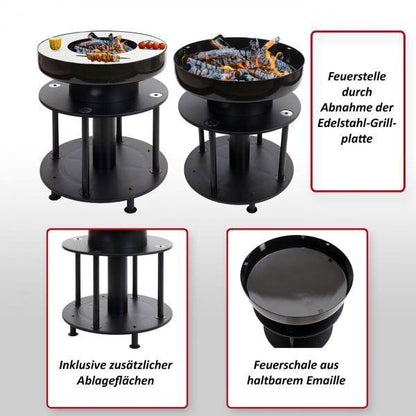 Feuerschale mit Grill HWC-K95, Feuerstelle Grill BBQ, Grillplatte Ablagefläche, Stahl Edelstahl Emaille Ø 56cm schwarz - Palo24