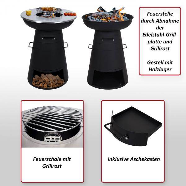 Feuerschale mit Grill HWC-K96, Feuerstelle Feuerkorb BBQ, Grillrost Grillplatte, Stahl Edelstahl Ø 58cm schwarz - Palo24